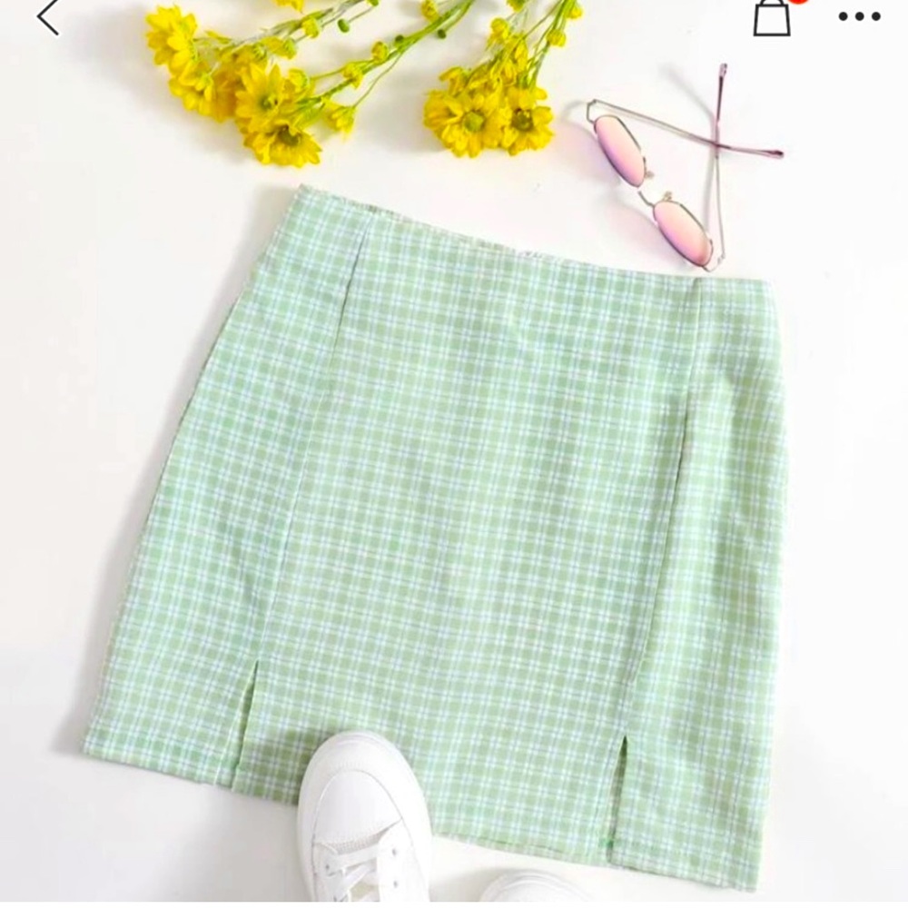 New XS Jade Green & White Gingham Checkered Mini Skirt Thigh Slits St. Patrick’s